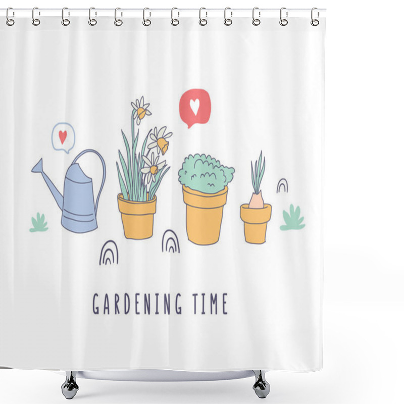 Personality  Garden Time, Happy Time Lettering With Flower Pots Shower Curtains