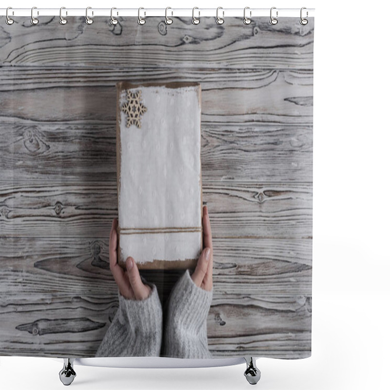 Personality  Female Packing Gifts. Cardboard Box In Craft Paper, Christmas Rope And Tree On The Rustic Wood Planks Background. DIY. Shower Curtains