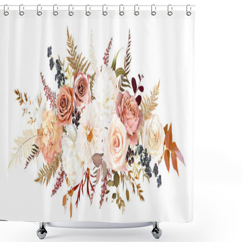 Personality  Trendy Dried Leaves, Blush Pink Rose, White Peony And Dahlia, Hydrangea, Astilbe, Pampas Grass Vector Wedding Bouquet. Trendy Flowers. Beige, Gold, Brown, Rust.Elements Are Isolated And Editable Shower Curtains