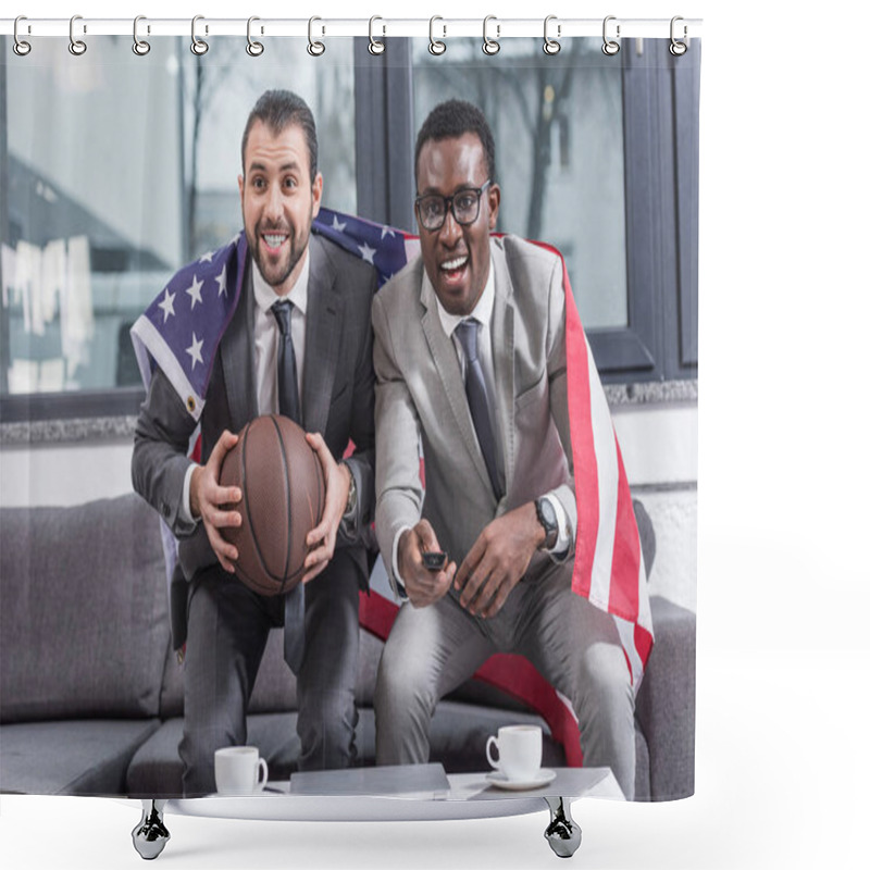 Personality  Multiethnic Businessmen With American Flag On Shoulders Watching Basketball Match In Office Shower Curtains