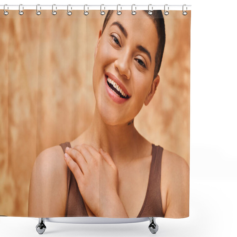 Personality  Natural Look, Self-acceptance, Young Woman With Short Hair Posing On Mottled Beige Background, Individuality, Modern Generation Z, Beauty And Confidence, Body Positivity Movement, Tattooed  Shower Curtains