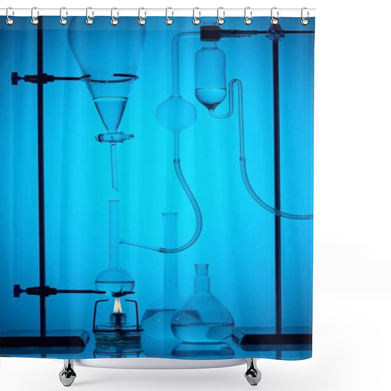 Personality  Chemical Analysis With Substance In Laboratory On Blue Shower Curtains