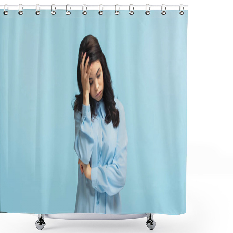 Personality  Displeased Young Woman In Shirt Touching Head And Puffing Cheeks Isolated On Blue Shower Curtains