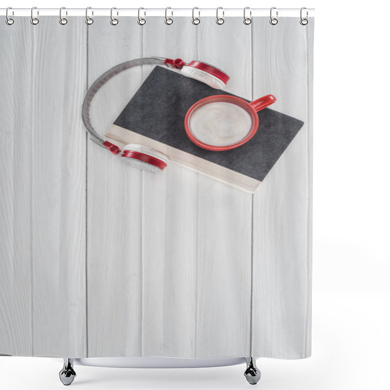 Personality  Top View Of Book, Headphones And Red Cup On White Tabletop Shower Curtains