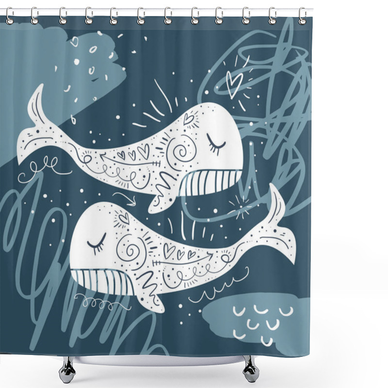 Personality  Vector Little Happy Whales. Scandinavian Style Illustration. Cute Nursery Poster Shower Curtains