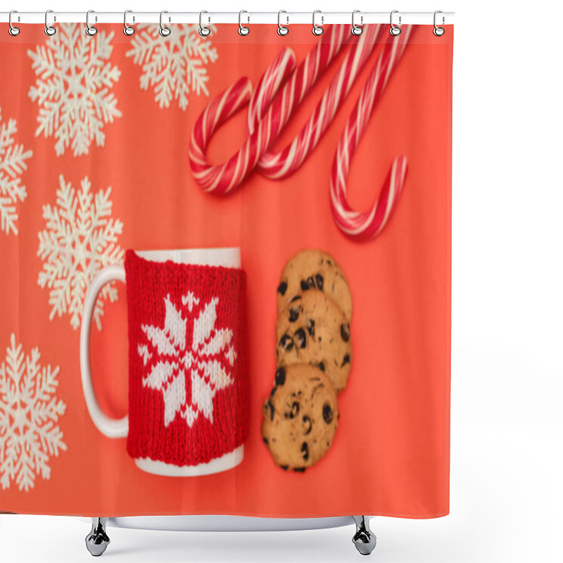 Personality  Top View Of Chocolate  Cookies, Candy Canes, Snowflakes And Mug On Red Background Shower Curtains