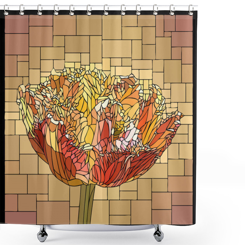 Personality  Vector Square Mosaic With Blooming Flower Of Red Velvety Tulip In Stained Glass Window. Shower Curtains