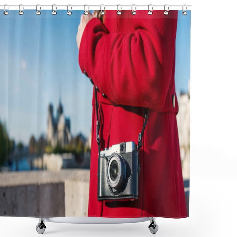 Personality  Detail Of Photographic Camera With Notre Dame Cathedral In The Background. Paris, France.  Shower Curtains