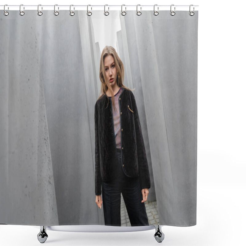 Personality  Trendy Young Woman In Jacket Standing Between Memorial To Murdered Jews Of Europe In Berlin  Shower Curtains