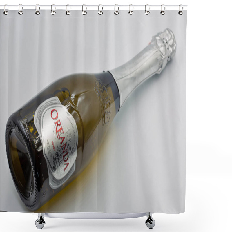 Personality  Kyiv, Ukraine - September 07, 2024: Studio Shoot Of Oreanda Romantic Brut Ukrainian Sparkling Wine Bottle Closeup Against White Background. Shower Curtains