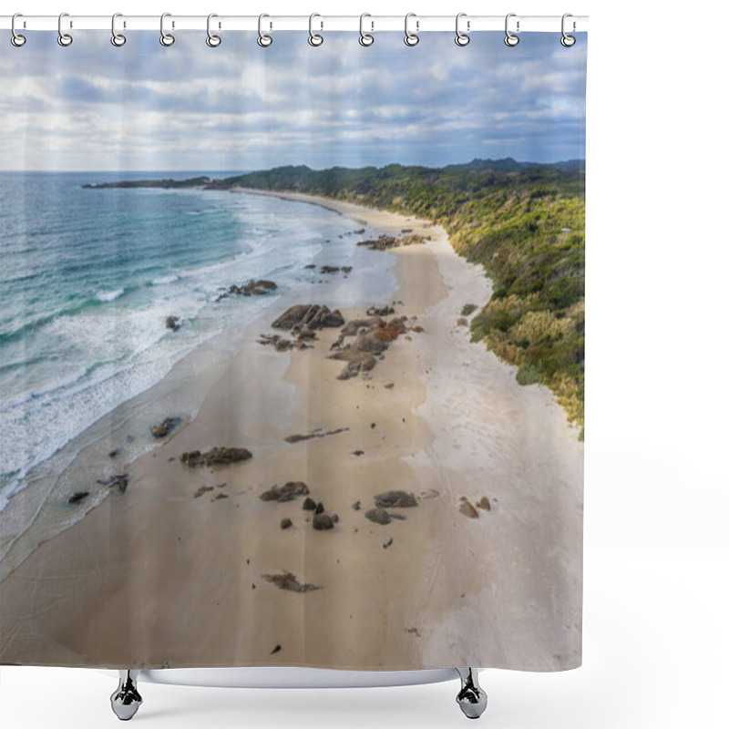 Personality  Drone Aerial Photograph Of Waves And A White Sandy Beach On King Island In Tasmania In Australia Shower Curtains