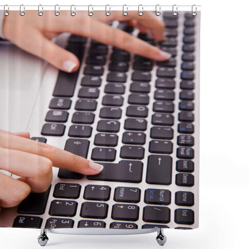 Personality  Close-up Of Woman Hand Touching Computer Keys During Work Shower Curtains