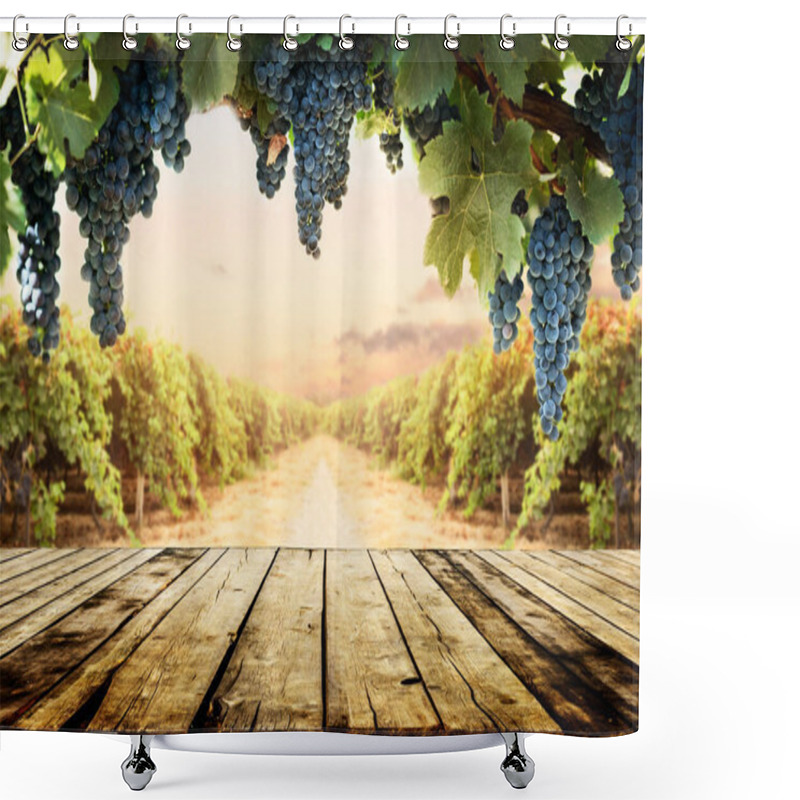 Personality  Old Wooden Table Top With Blur Vineyard And Grape Background. Wine Product Tabletop Country Nature Design. Winery Display Layout Banner.    Shower Curtains