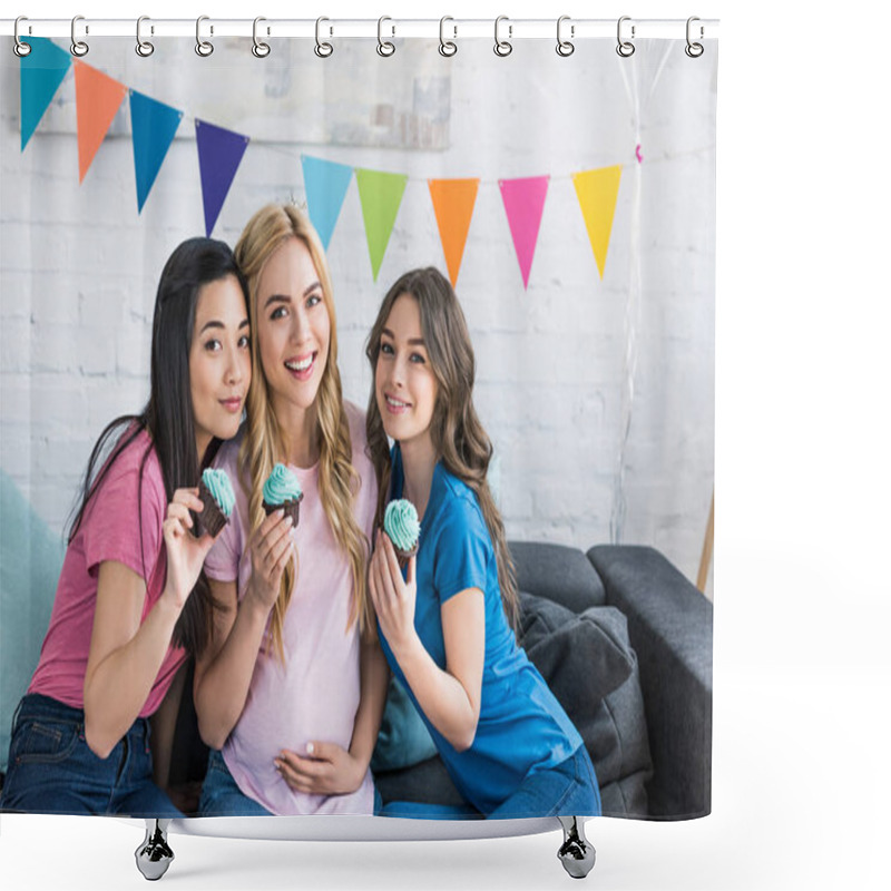 Personality  Multiethnic Friends And Pregnant Woman With Cupcakes At Baby-party Shower Curtains