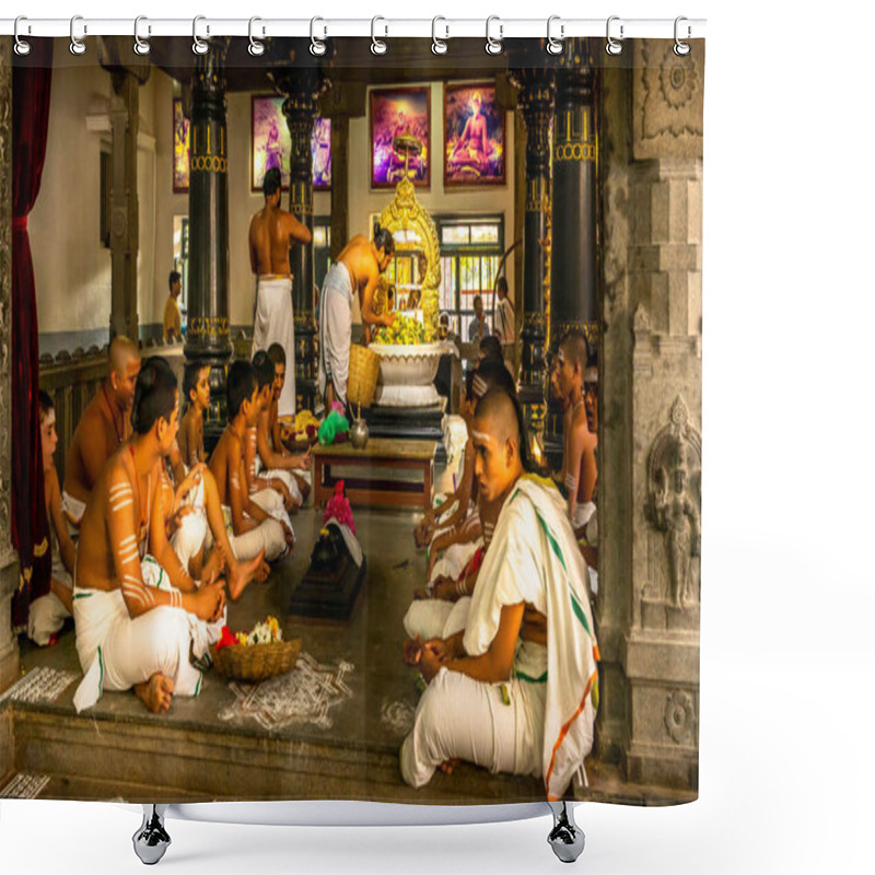 Personality  TIRUVANNAMALAI, INDIA - March 2018, Circa. Statue And Pictues On Wall Of Ramana Maharshi At Ashram, Great Spiritual Sage, Wellknown All Over The World Shower Curtains