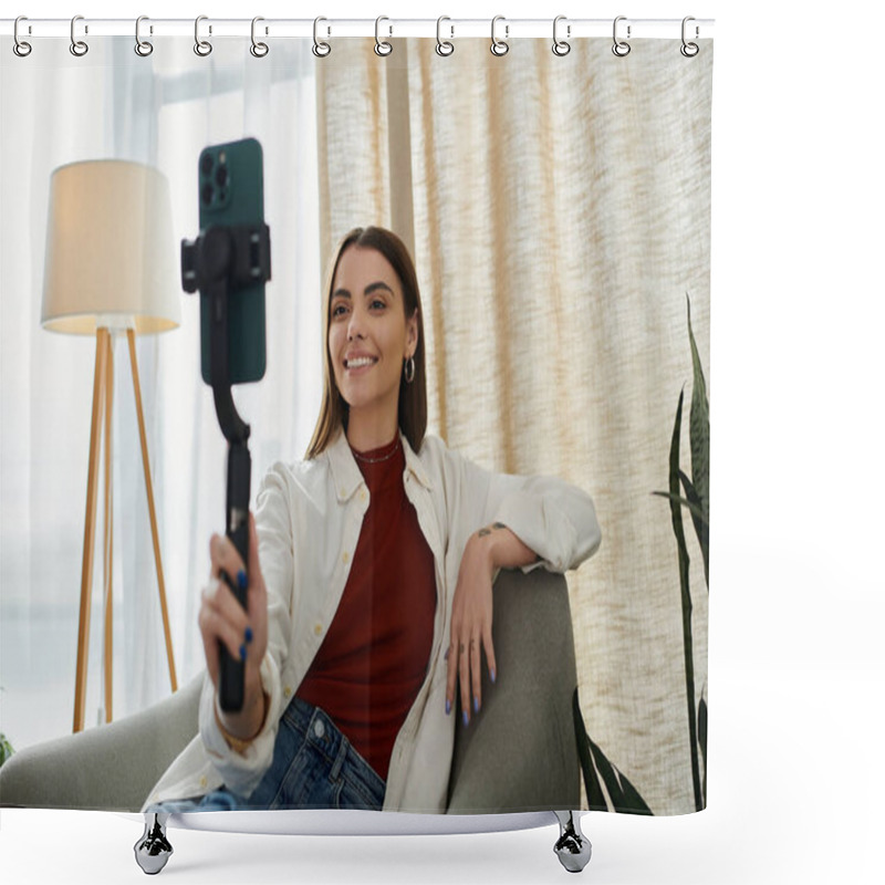 Personality  A Young Woman In Casual Attire Films Video Content For Social Media While Sitting On A Chair In Her Home Office. Shower Curtains