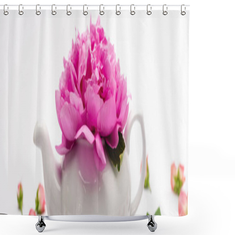 Personality  Pink Peony Flower In Porcelain Teapot On White, Banner Shower Curtains