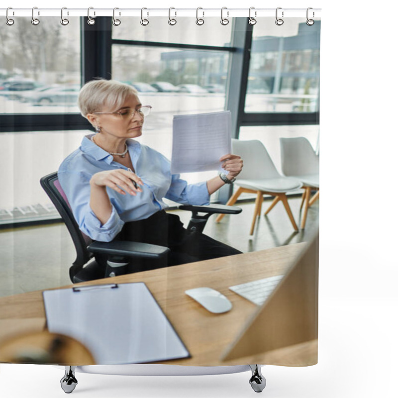 Personality  A Middle-aged Businesswoman With Short Hair Deeply Engrossed In Reading A Piece Of Paper At Her Office Desk. Shower Curtains