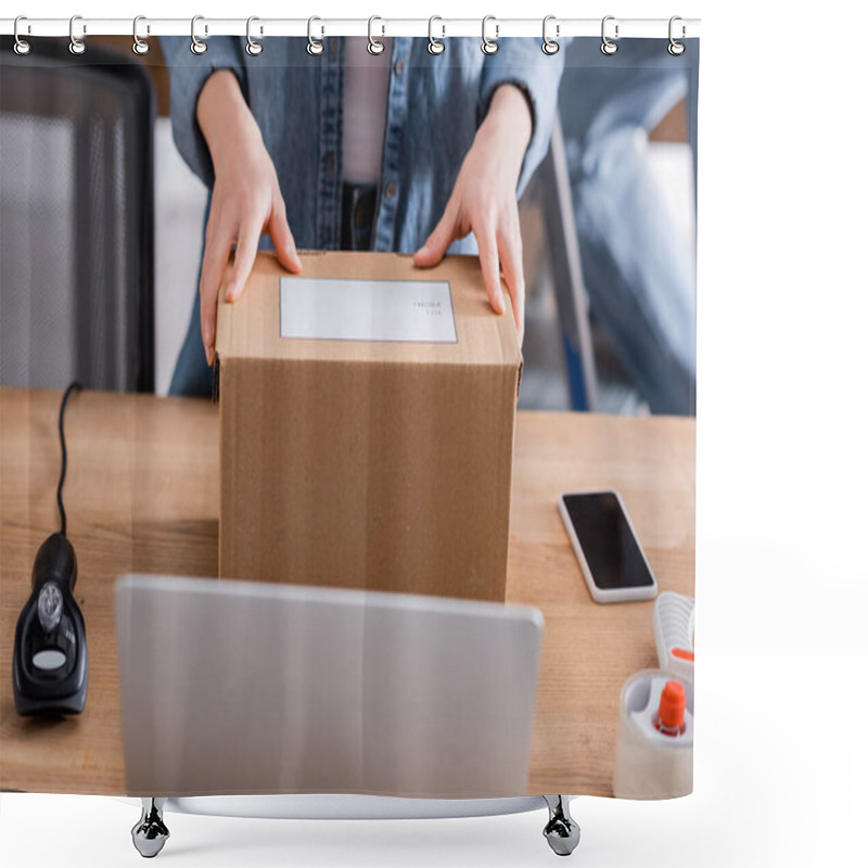 Personality  Cropped View Of Seller Holding Package Near Scanner And Devices In Store  Shower Curtains