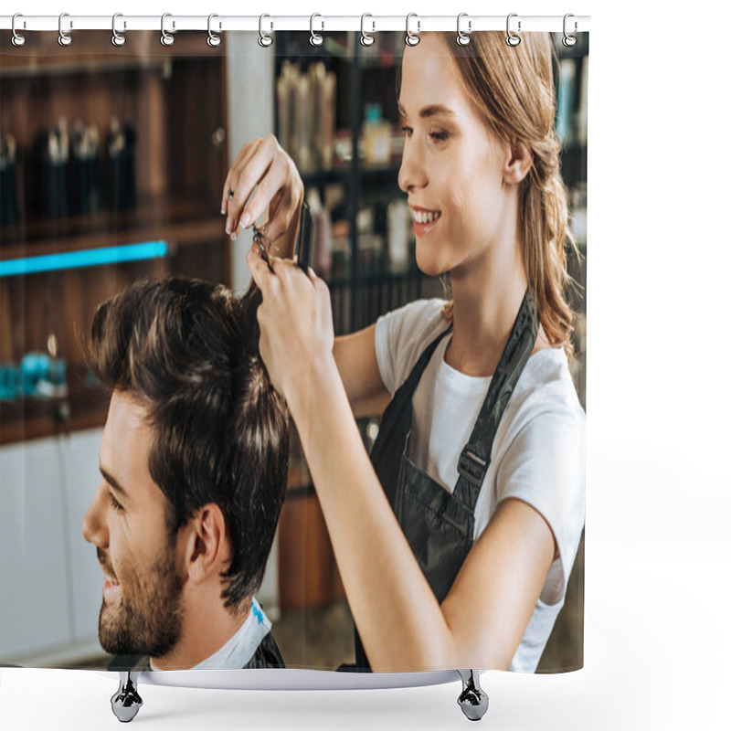 Personality  Smiling Young Hairdresser Cutting Hair To Handsome Happy Man In Beauty Salon Shower Curtains