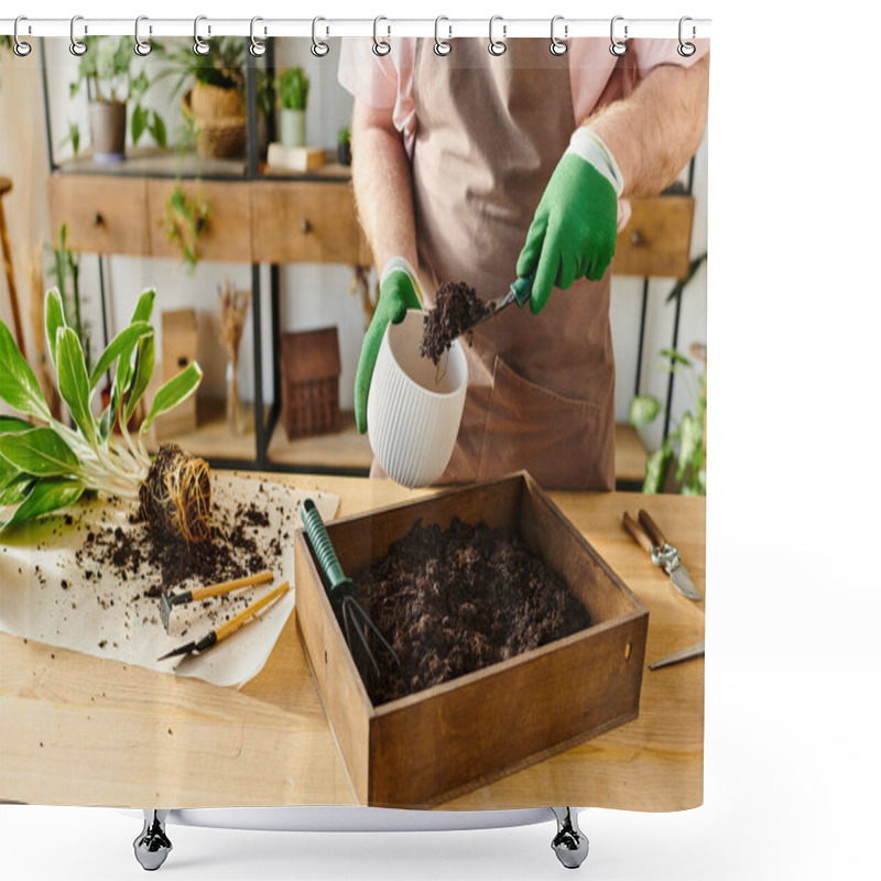 Personality  A Person In A Pink Shirt And Green Gloves Carefully Placing Dirt In A Container At A Plant Shop. Shower Curtains