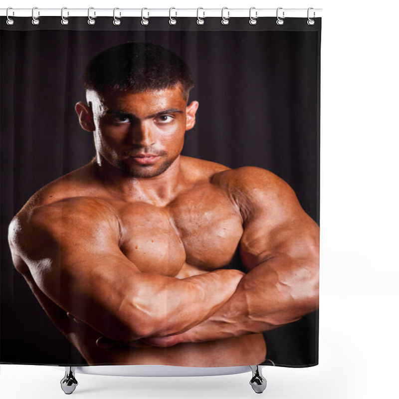 Personality  Young Bodybuilder Posing Shower Curtains