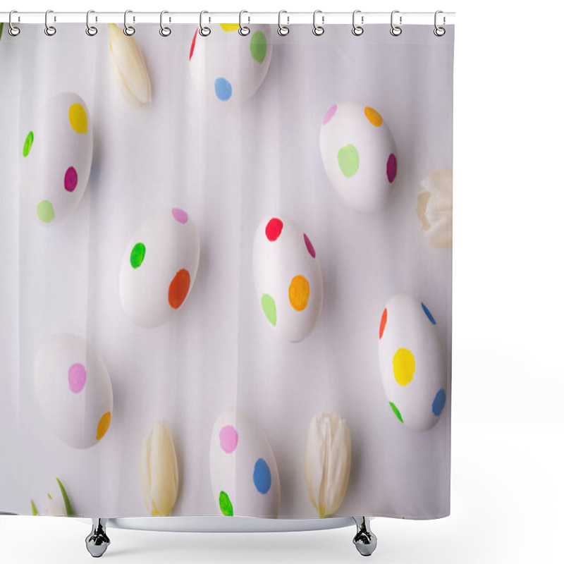 Personality  Flowers And Dotty Eggs On A White Background. Shower Curtains