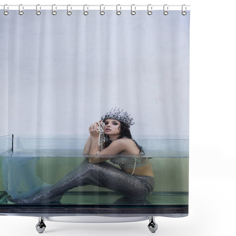 Personality  A Mermaid Sits In A Tank Of Water, Wearing A Crown And Holding A String Of Pearls. Shower Curtains