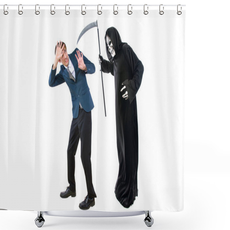 Personality  Man In A Halloween Grim Reaper Ghost Costume Chasing, Mocking And Making Fun Of Scared Businessman Running Away.  Can Also Depict Death Following A Man As A Metaphor For Life Insurance.  Shower Curtains