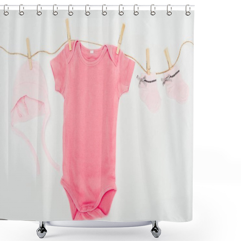 Personality  Top View Of Baby Clothes Drying On Rope Isolated On White Shower Curtains