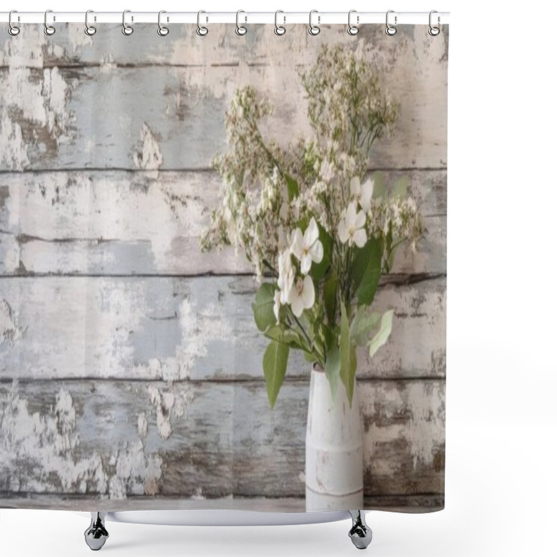 Personality  A Simple Arrangement Of White Flowers In A Rustic Vase Against A Weathered Blue Wooden Background. Shower Curtains