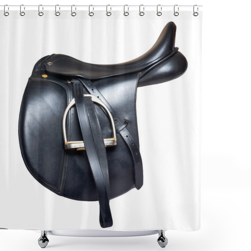 Personality  Black Leather Dressage Saddle  Isolated On White Background Shower Curtains