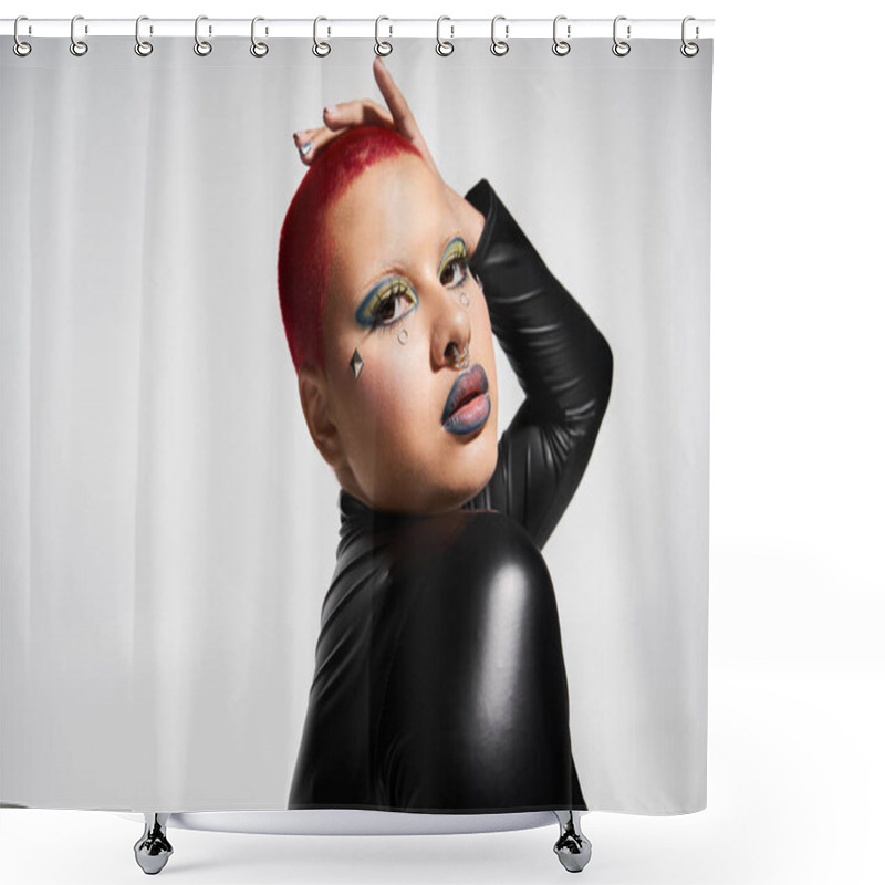 Personality  A Bold Young Woman With Short Pink Hair Confidently Showcases Her Distinctive Fashion In An Artistic Studio. Shower Curtains