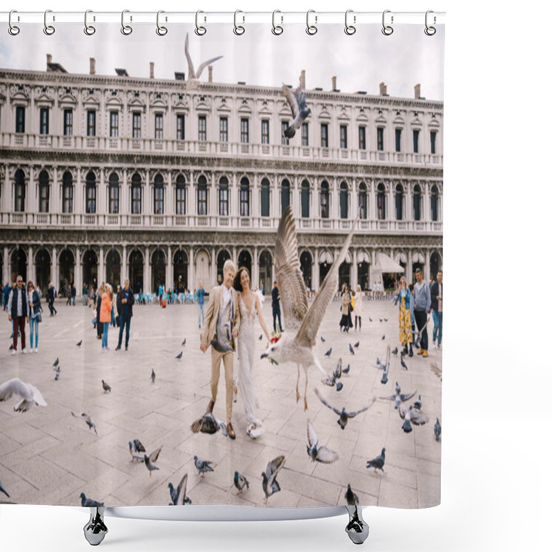 Personality  Venice Wedding, Italy. The Bride And Groom Are Running Through A Flock Of Flying Pigeons In Piazza San Marco, Amid The National Archaeological Museum Venice, Surrounded By A Crowd Of Tourists. Shower Curtains