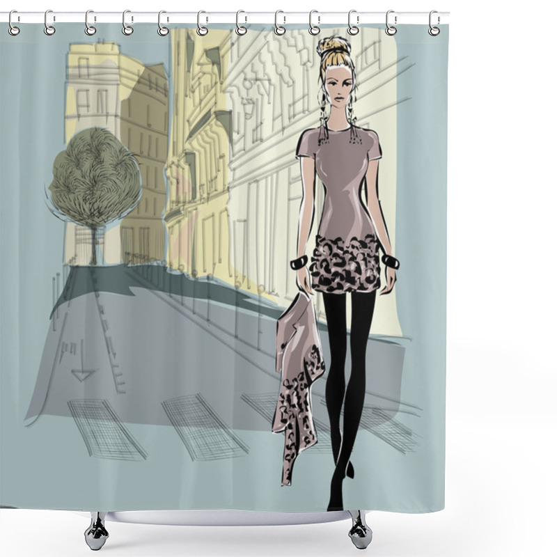 Personality  Fashion Models In Sketch Style With Paris City Background Shower Curtains