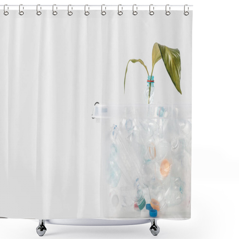 Personality  Close Up View Of Container With Plastic Bottles And Green Leaves Isolated On White, Recycling Concept Shower Curtains