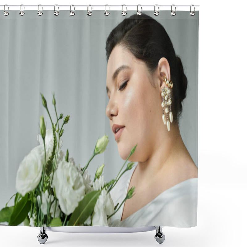 Personality  A Beautiful Plus Size Bride Wears A Stunning White Gown And Elegant Earrings, Holding A Bouquet Serenely. Shower Curtains