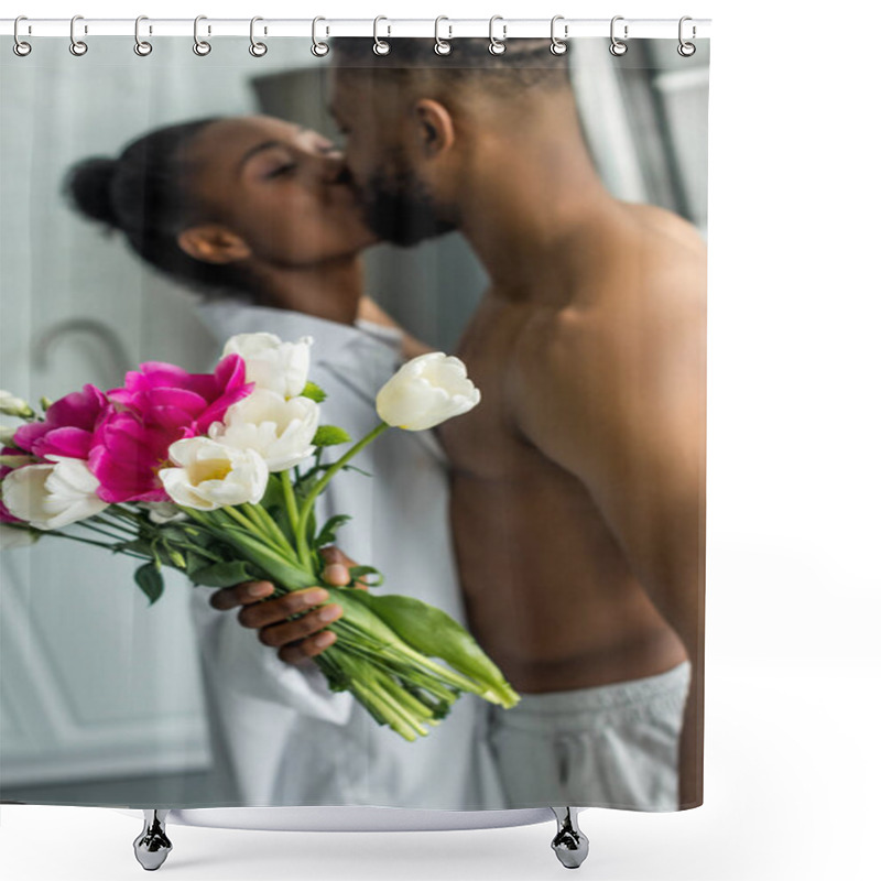 Personality  African American Couple Kissing And Girlfriend Holding Bouquet Of Flowers At Kitchen Shower Curtains