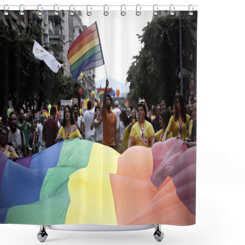 Personality  Participants Carry The Rainbow Flag As They March During The Gay Pride Parade In Thessaloniki, Greece On June 20, 2015 Shower Curtains