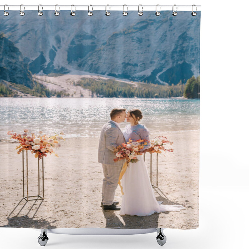 Personality  The Groom Puts On A Ring To The Bride, At The Venue For Ceremony, With An Arch Of Autumn Flower Columns, Against The Backdrop Of Lago Di Braies In Italy. Destination Wedding In Europe, On Braies Lake Shower Curtains