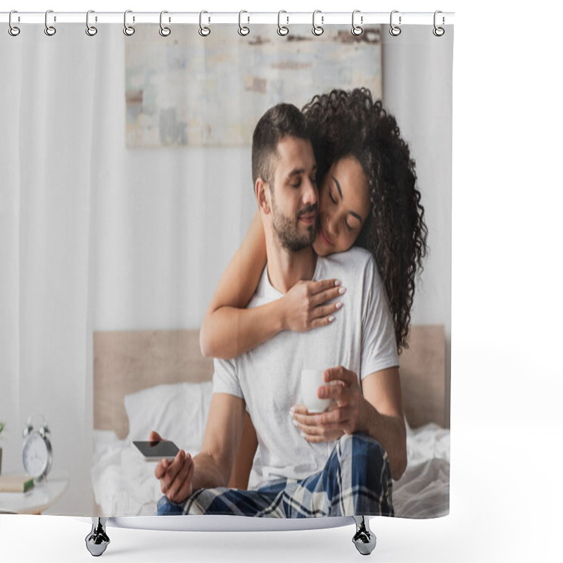 Personality  Happy African American Woman Hugging Bearded Boyfriend With Smartphone And Cup  Shower Curtains