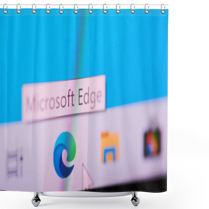 Personality  New York, USA - May 17, 2021:Start Microsoft Edge App On Windows Os In Screen Macro Close Up View Shower Curtains