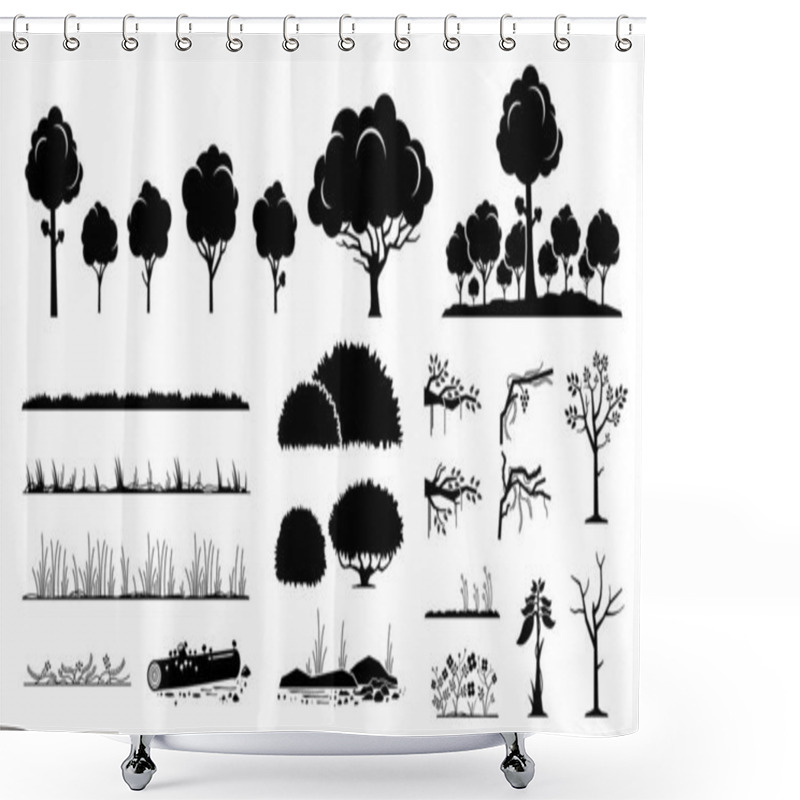 Personality  Tree, Plants, And Grass Vector Graphic Design. A Set Of Tree, Foliage, Grass, Forest, Flower, Bushes, Branches, And Vines In Black Silhouette Style.  Shower Curtains