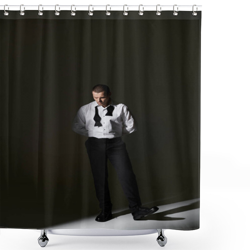 Personality  A Man In A Tuxedo Stands In A Dimly Lit Room, His Shadow Cast Dramatically By A Single Spotlight. Shower Curtains