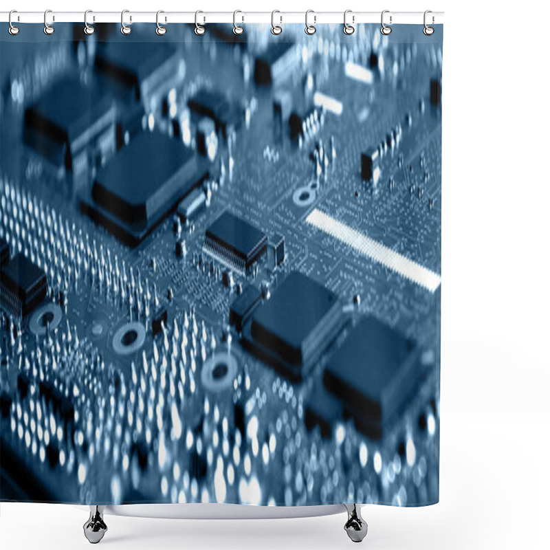 Personality  Closeup Of Printed Circuit Board With  Integrated Circuits And Many Other Passive Electrical Components. Shower Curtains