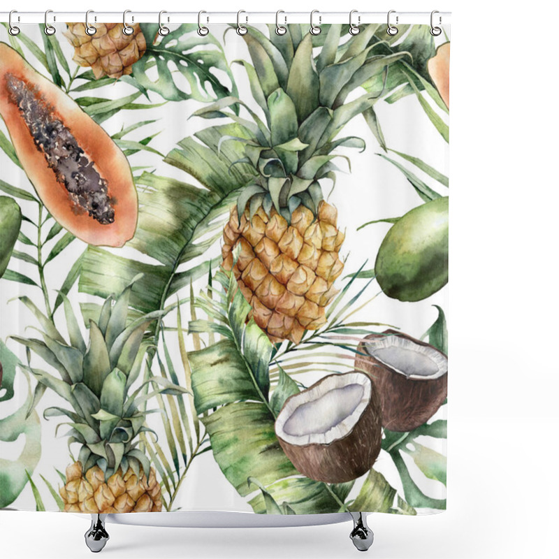 Personality  Watercolor Food Pattern With Ripe Pineapples, Coconuts And Passion Fruits. Hand Painted Tropical Leaves Isolated On White Background. Botanical Illustration For Design, Print, Fabric Or Background. Shower Curtains