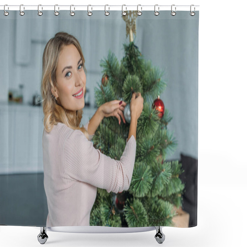 Personality  Attractive Girl Decorating Christmas Tree With Toys And Looking At Camera At Home Shower Curtains