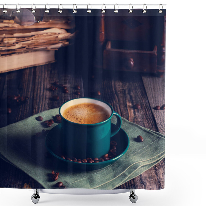 Personality  Cafe Background With A Green Cup Of Espresso Coffee Standing On A Linen Napkin With A Retro Coffee Grinder Old Book. Retro Style Nashville. Tonted Image. Square Image. Shower Curtains