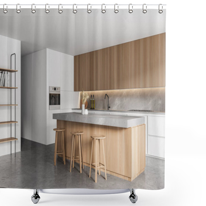 Personality  Corner Of Stylish Kitchen With White Walls, Concrete Floor, Bar Counter With Stools And White Cupboards. 3d Rendering Shower Curtains