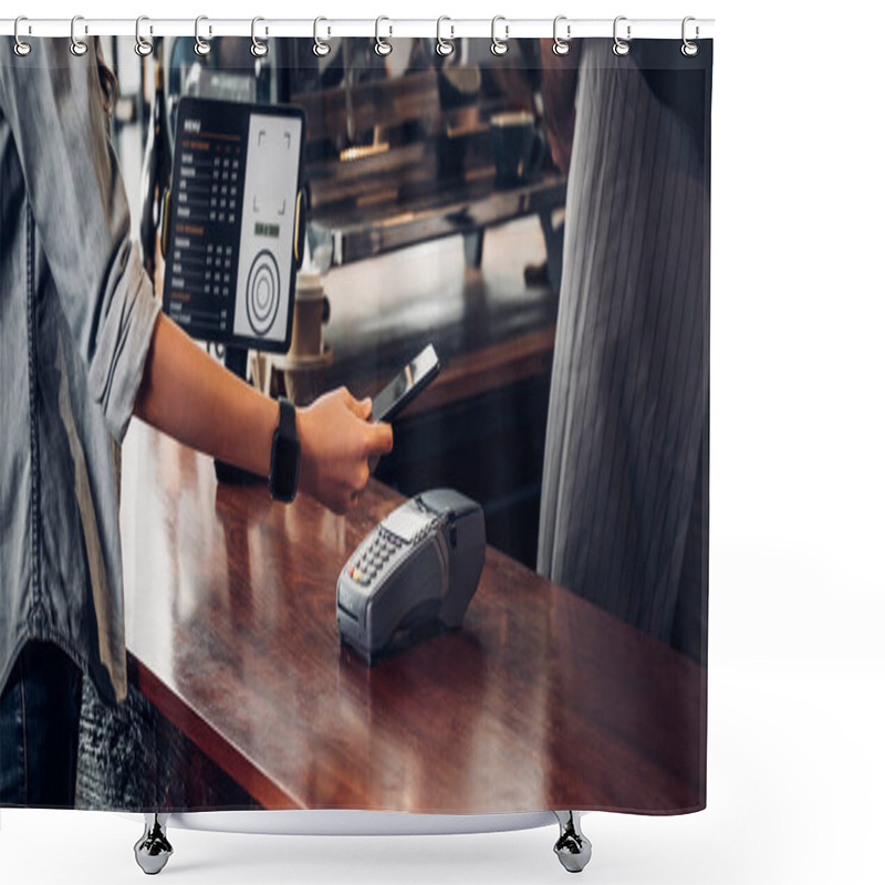 Personality  Customer Contactless Payment For Drink With Mobile Phon At Cafe Counter Bar,seller Coffee Shop Accept Payment By Mobile.new Normal Lifestyle Concept Shower Curtains